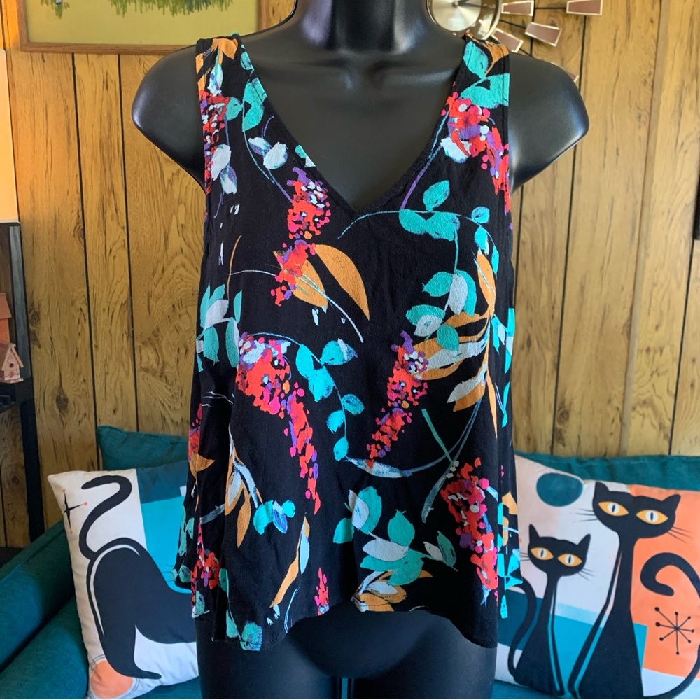 BP Black Floral Tank Top with Red and Blue Accents